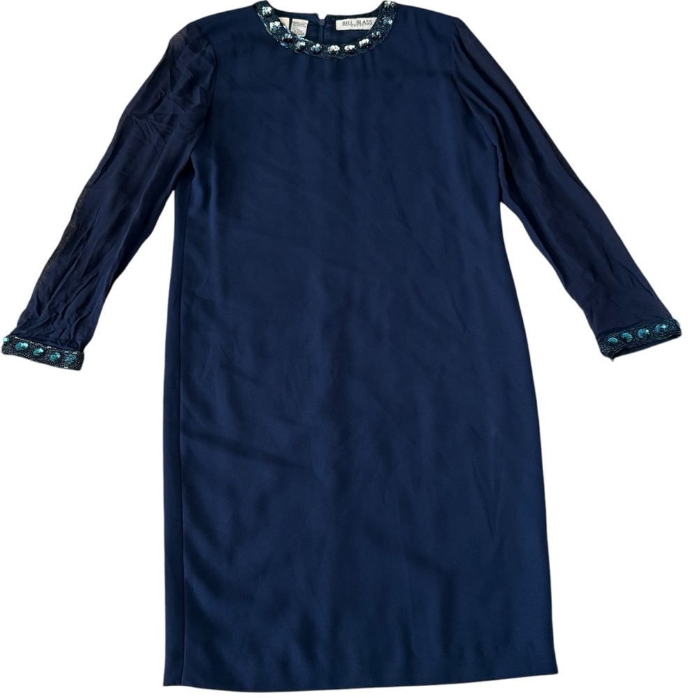 Bill Blass Glam Vintage Chiffon‎ Navy Beaded Wrists Collar 10 Sheer Silk Sleeves